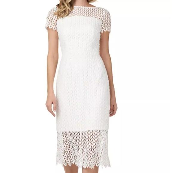 KAY UNGER Tatum Floral Lace Dress White Textured Midi Cocktail Women's 4 - Picture 1 of 16